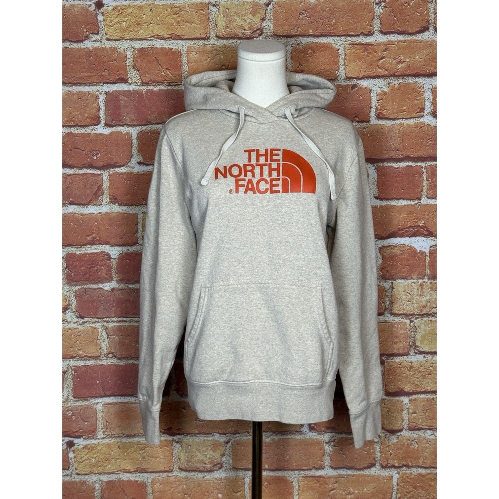 The North Face Women's Taupe and Orange Logo Pullover Hoodie Sweatshirt Medium